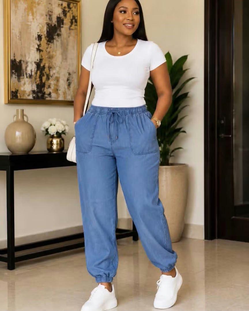 Ladies Drawstring Baggy Trousers in Blue