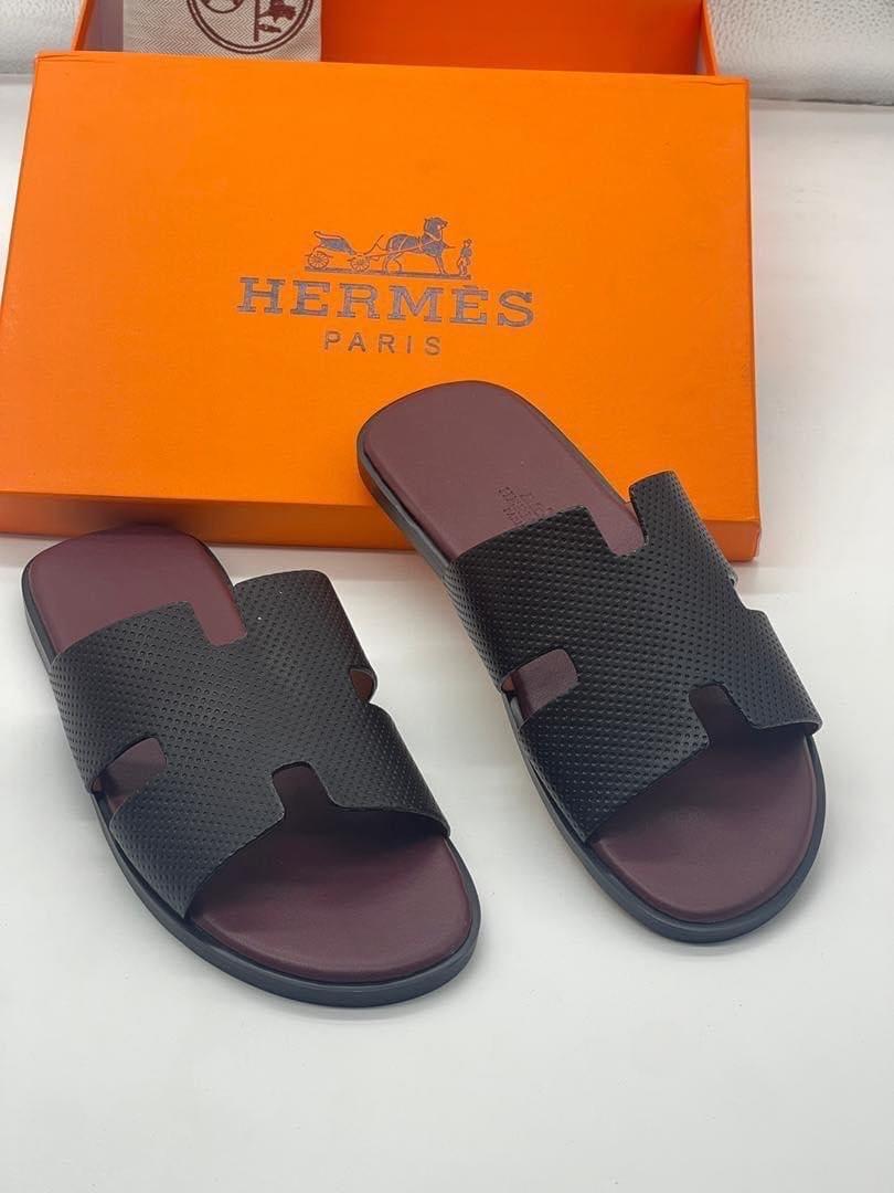 Leather Slide Sandals — Black — front view