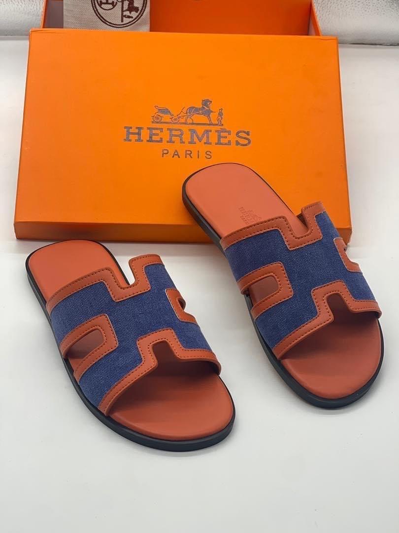 Leather Slide Sandals — Brown & Blue — front view