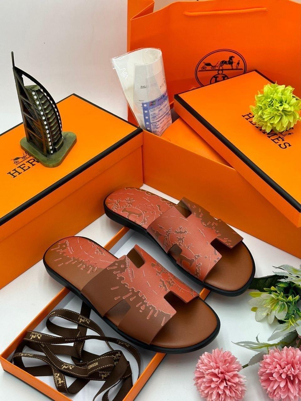 Leather Slide Sandals — Brown — front view