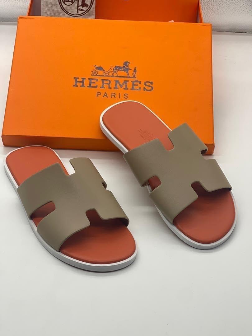 Leather Slide Sandals — Khaki — front view