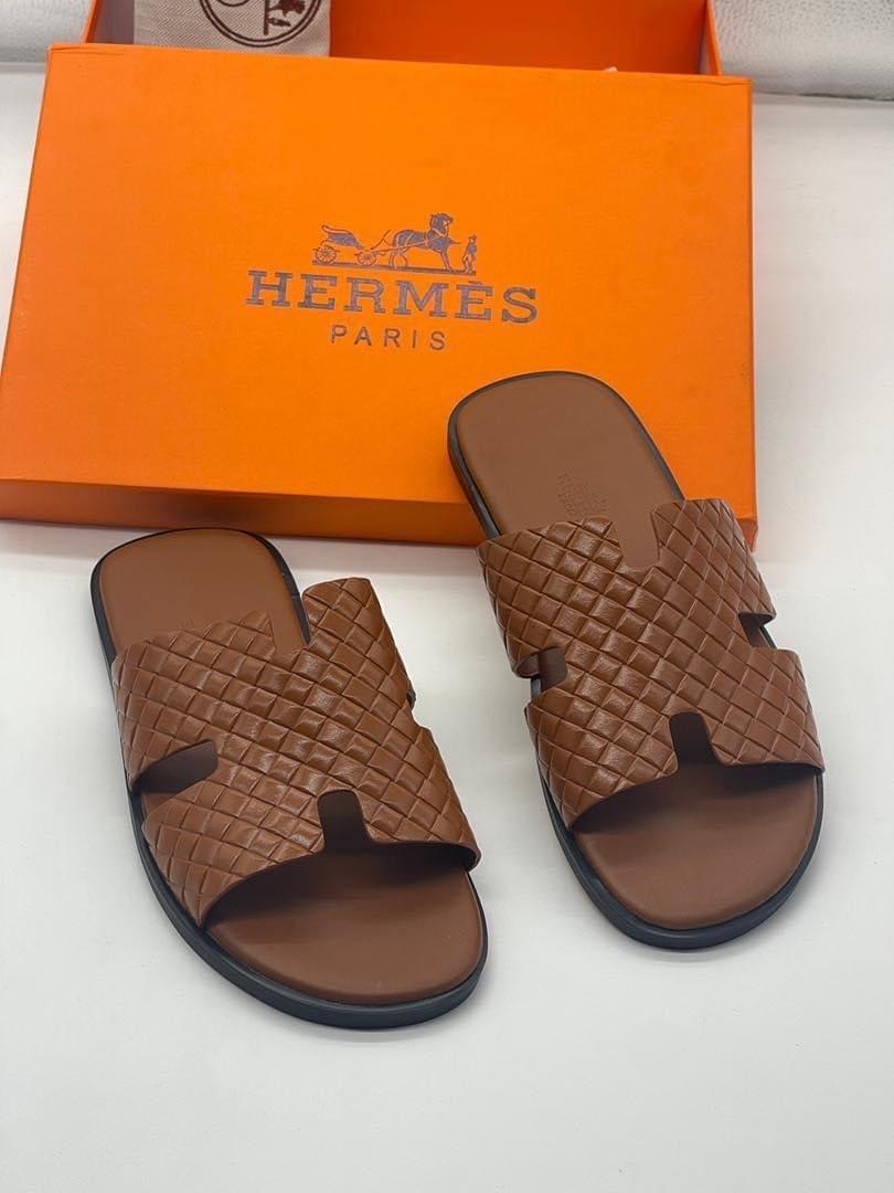 Leather Slide Sandals — Woven Brown — front view