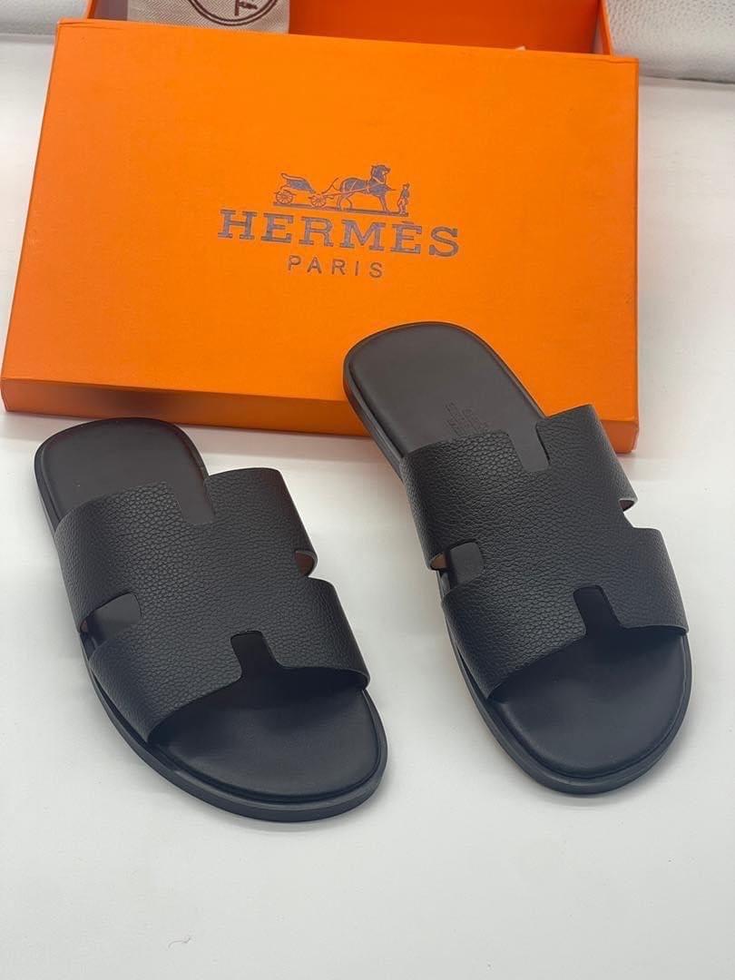 Hermes Leather Slides — Black — fabric detail
