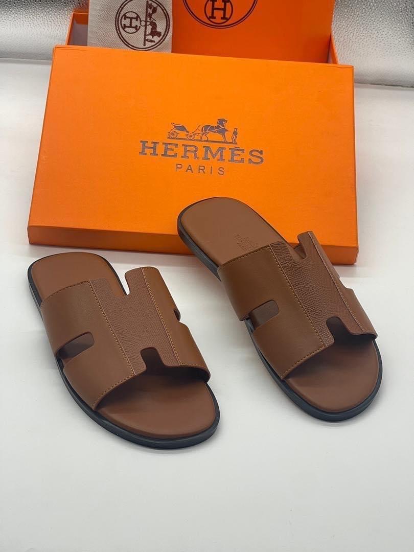 Hermes Leather Slides — Brown — fabric detail